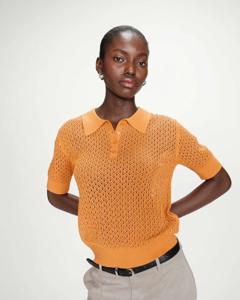 Polo en fine maille ajourée manches courtes gold Vathi