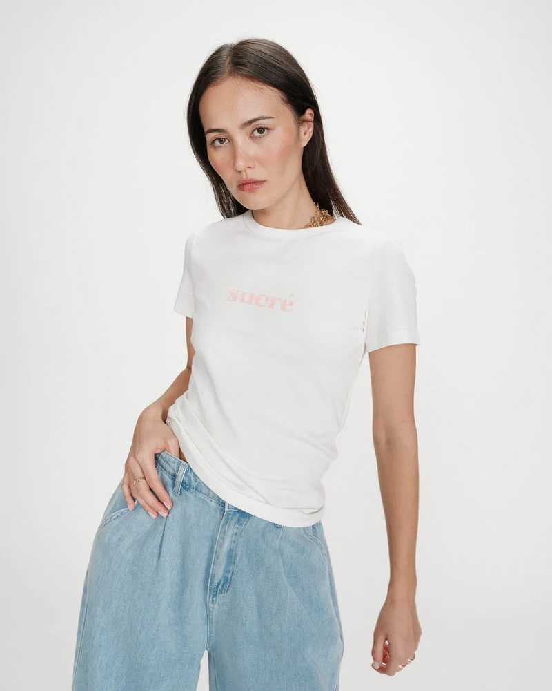 T-shirt en coton à message imprimé ivoire Vigee