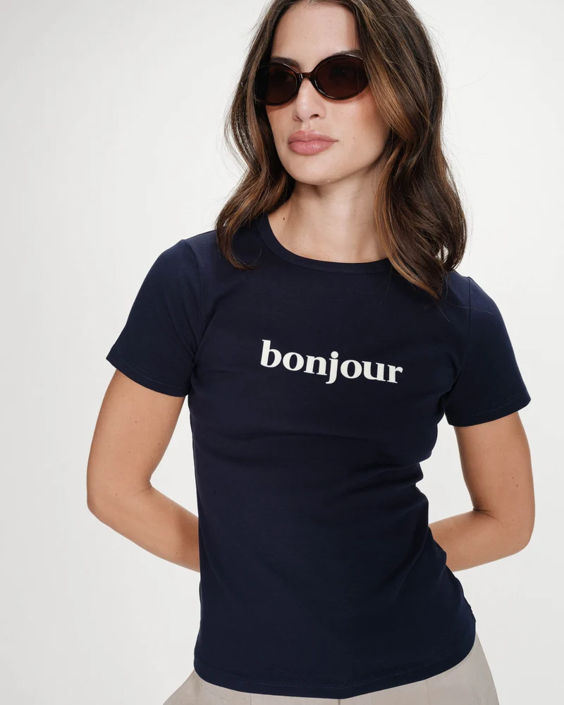 T-shirt en coton à message imprimé marine Vigee
