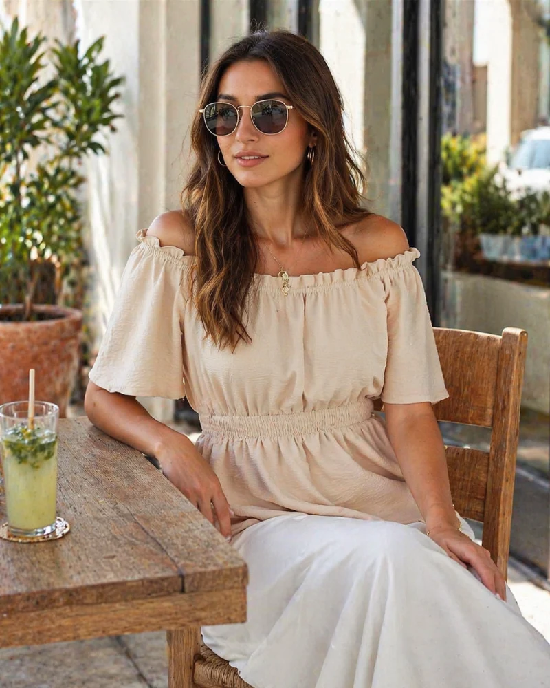 Lenora Top Femme – Blouse Off-Shoulder Péplum à Volants, Coupe Cintrée Élégante Été