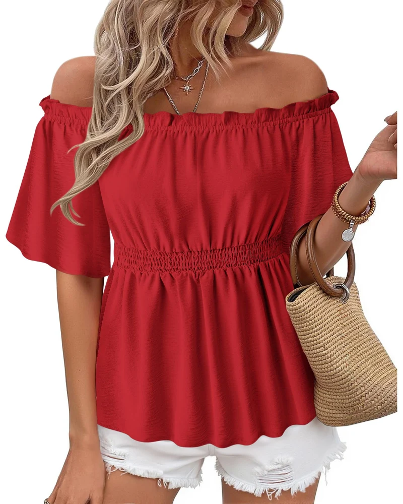 Lenora Top Femme – Blouse Off-Shoulder Péplum à Volants, Coupe Cintrée Élégante Été