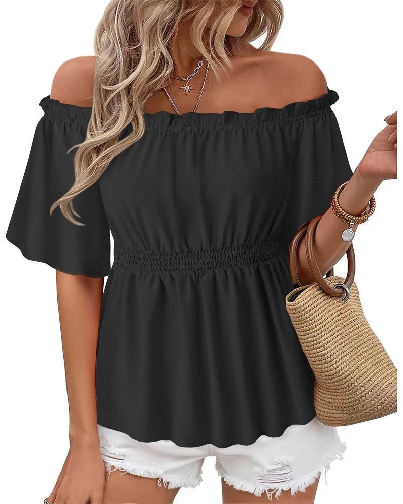 Lenora Top Femme – Blouse Off-Shoulder Péplum à Volants, Coupe Cintrée Élégante Été