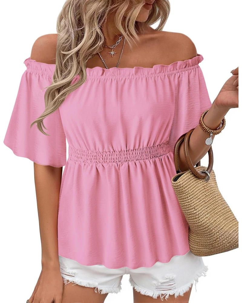 Lenora Top Femme – Blouse Off-Shoulder Péplum à Volants, Coupe Cintrée Élégante Été