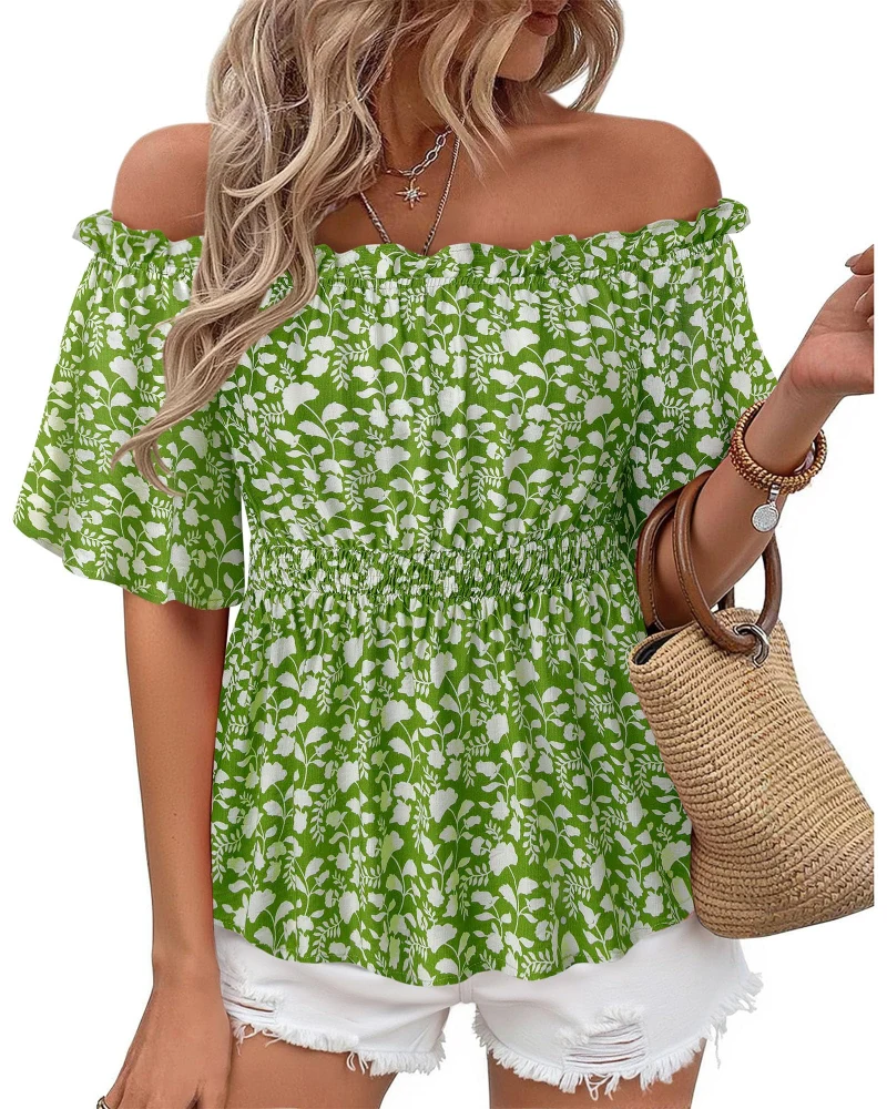 Lenora Top Femme – Blouse Off-Shoulder Péplum à Volants, Coupe Cintrée Élégante Été