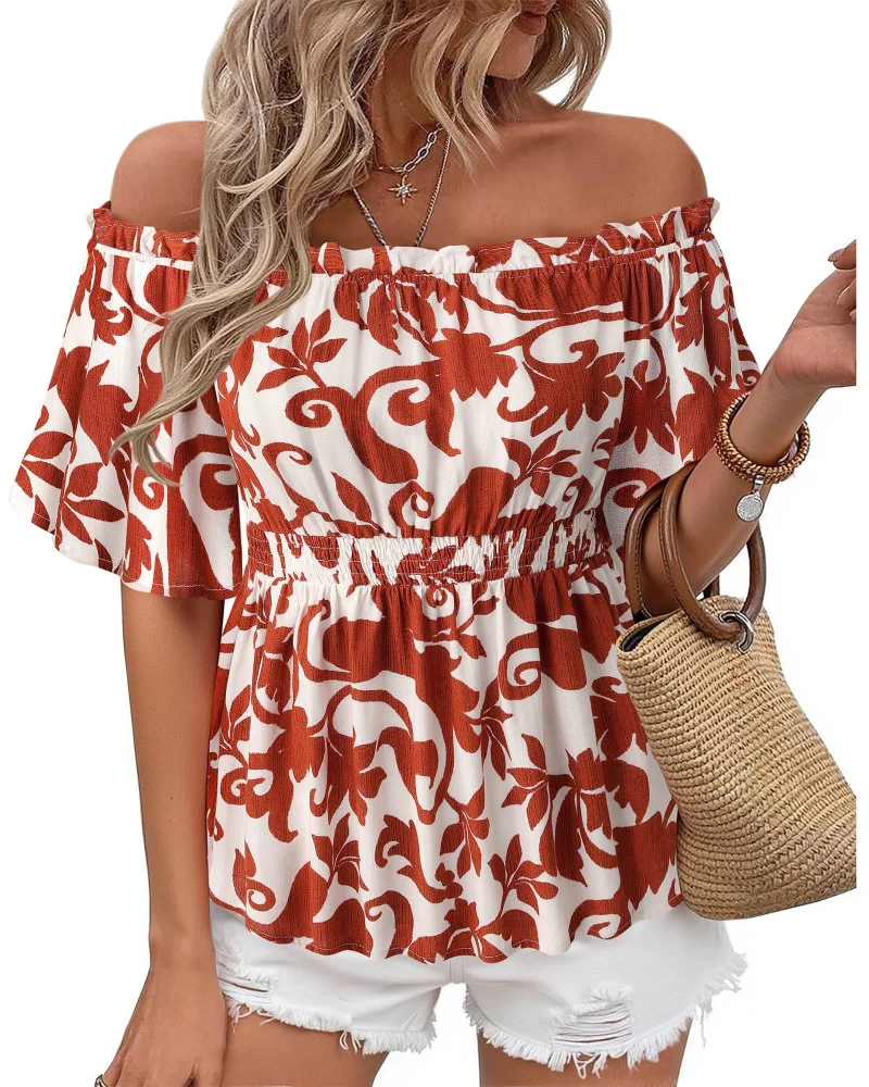 Lenora Top Femme – Blouse Off-Shoulder Péplum à Volants, Coupe Cintrée Élégante Été