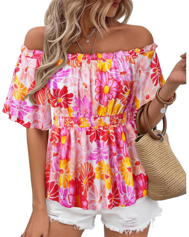 Lenora Top Femme – Blouse Off-Shoulder Péplum à Volants, Coupe Cintrée Élégante Été