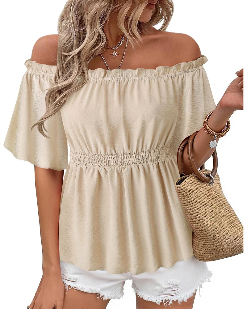 Lenora Top Femme – Blouse Off-Shoulder Péplum à Volants, Coupe Cintrée Élégante Été