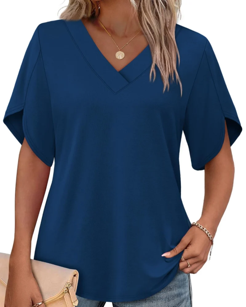 Ayla Top Femme – Blouse Col V avec Manches Pétales Élégantes, Coupe Fluide Été