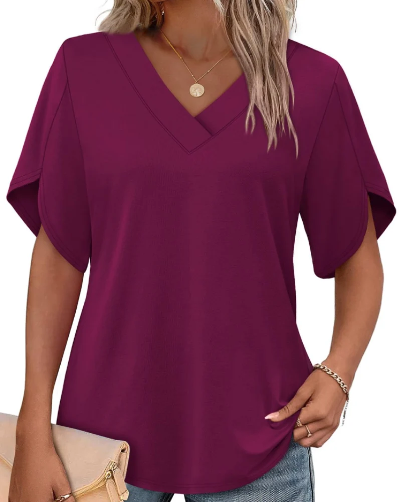 Ayla Top Femme – Blouse Col V avec Manches Pétales Élégantes, Coupe Fluide Été