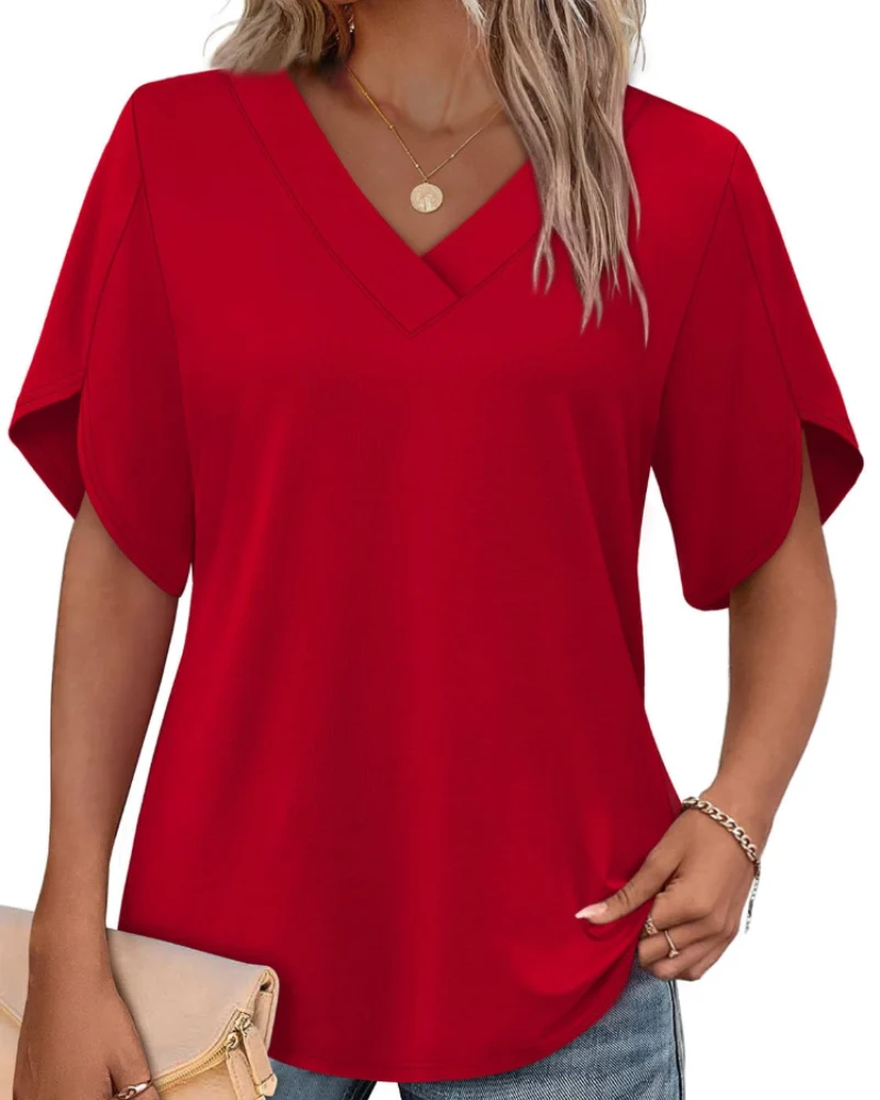 Ayla Top Femme – Blouse Col V avec Manches Pétales Élégantes, Coupe Fluide Été