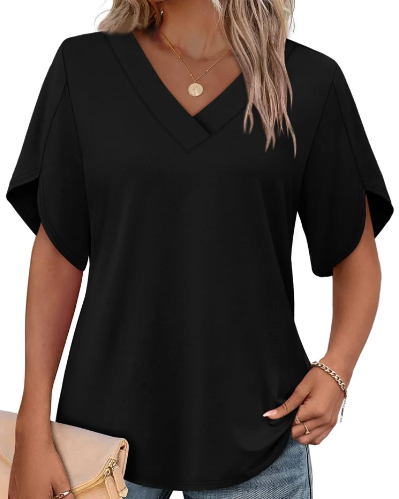 Ayla Top Femme – Blouse Col V avec Manches Pétales Élégantes, Coupe Fluide Été