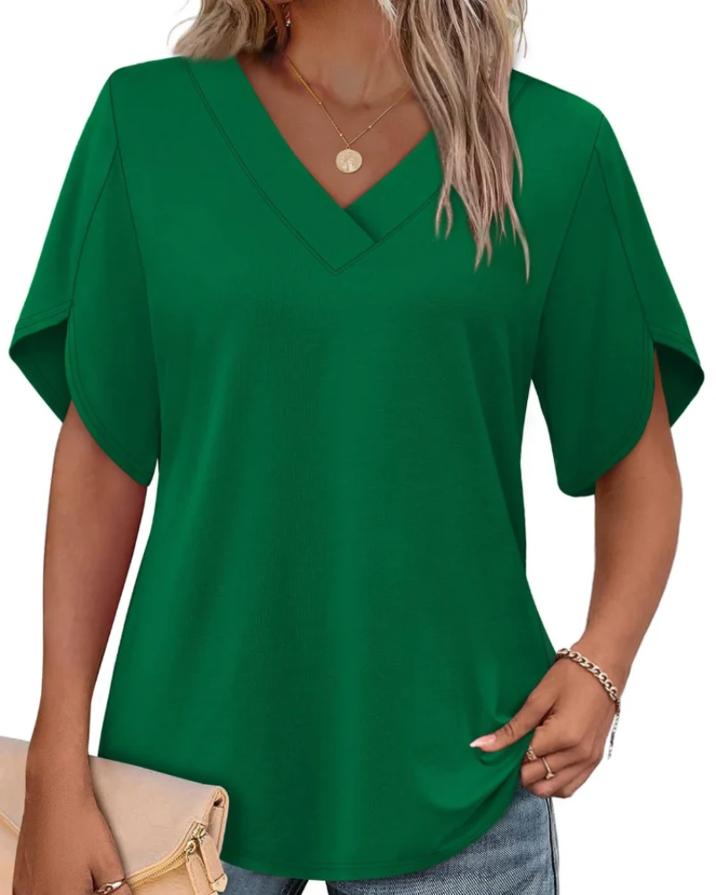 Ayla Top Femme – Blouse Col V avec Manches Pétales Élégantes, Coupe Fluide Été