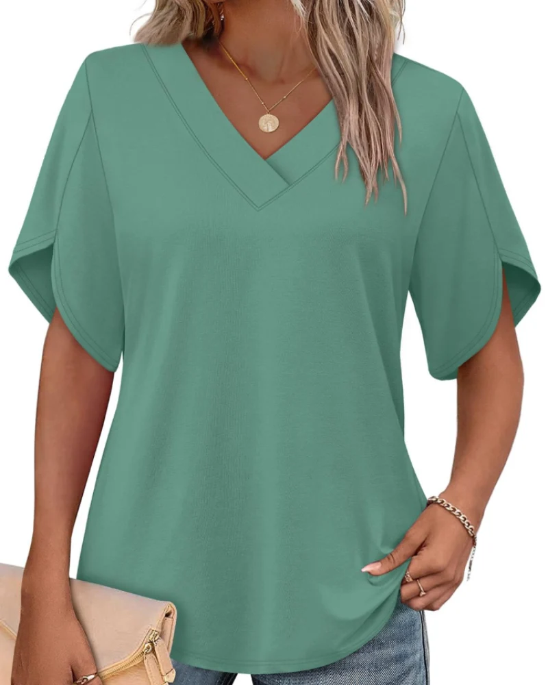 Ayla Top Femme – Blouse Col V avec Manches Pétales Élégantes, Coupe Fluide Été