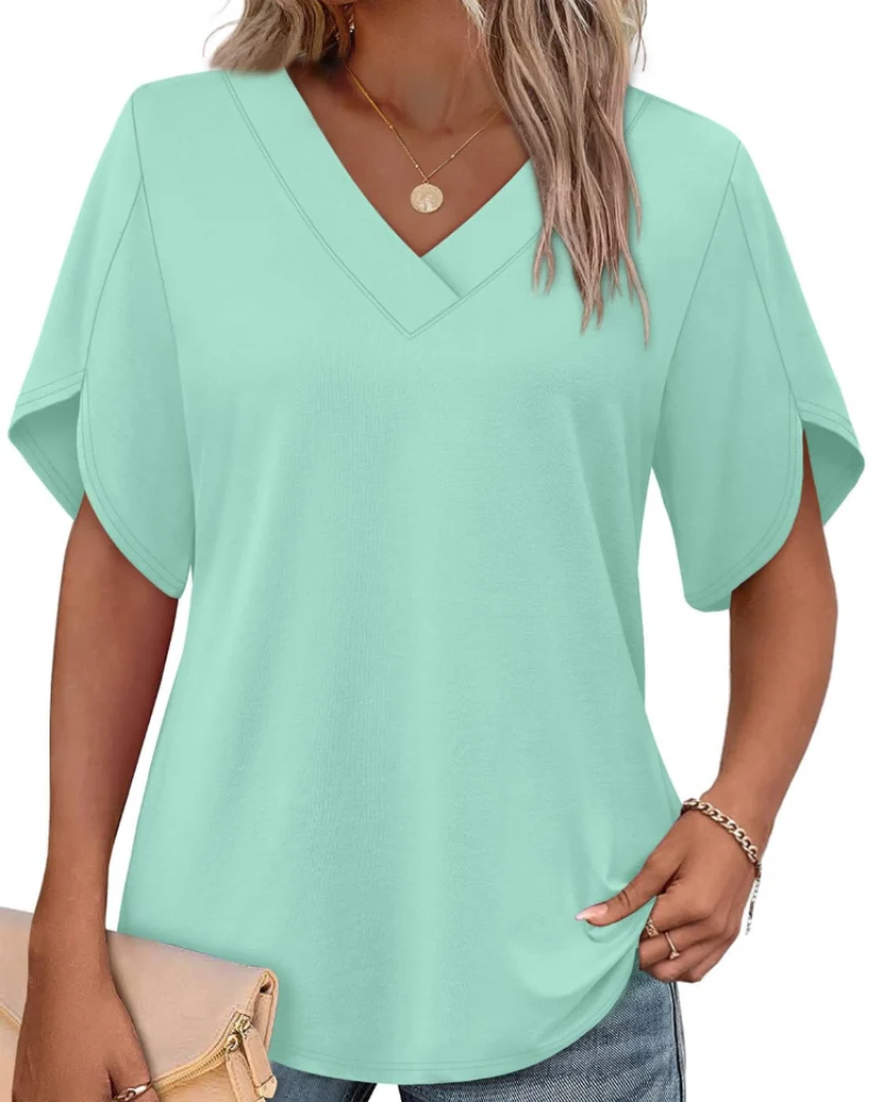 Ayla Top Femme – Blouse Col V avec Manches Pétales Élégantes, Coupe Fluide Été