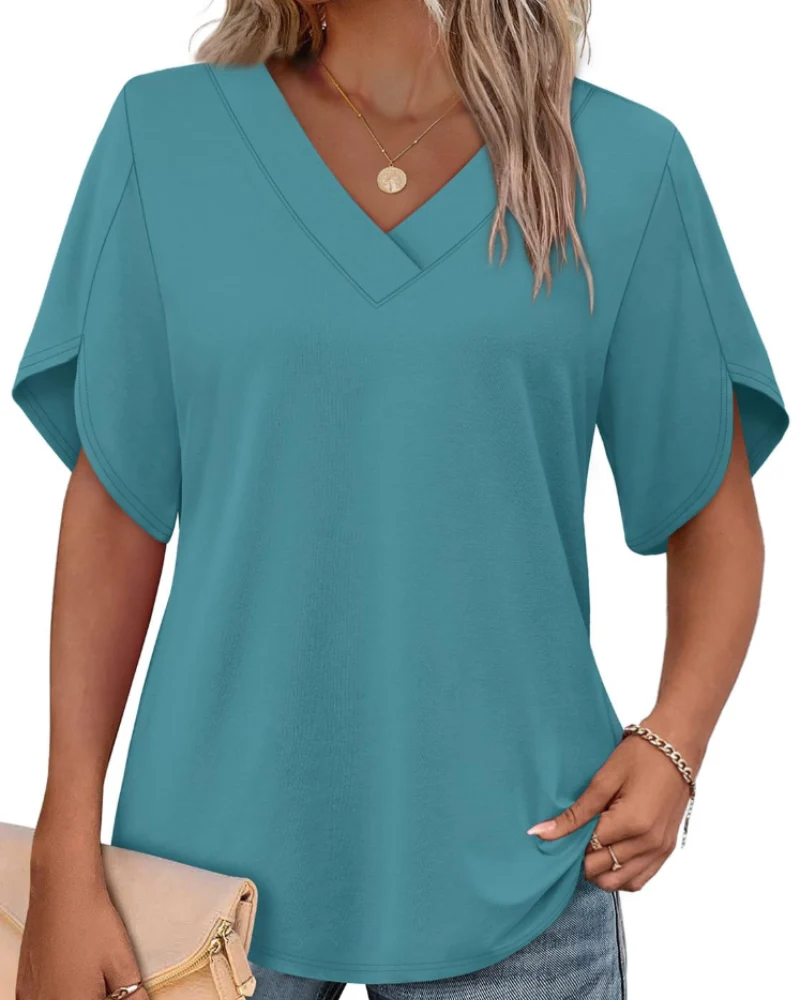 Ayla Top Femme – Blouse Col V avec Manches Pétales Élégantes, Coupe Fluide Été