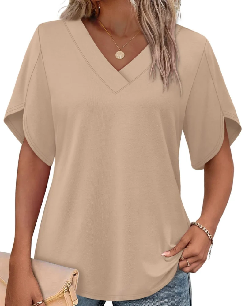 Ayla Top Femme – Blouse Col V avec Manches Pétales Élégantes, Coupe Fluide Été