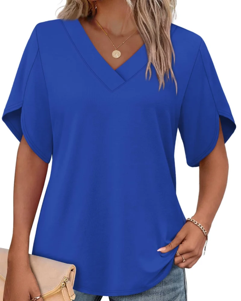 Ayla Top Femme – Blouse Col V avec Manches Pétales Élégantes, Coupe Fluide Été