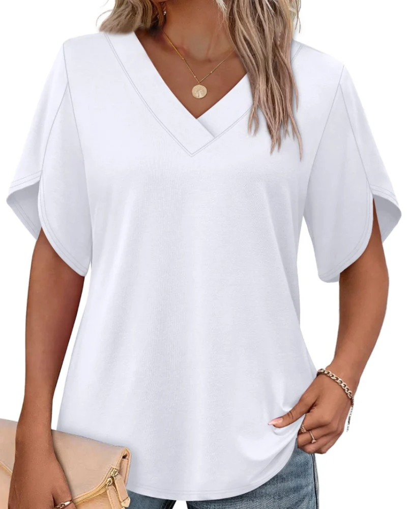 Ayla Top Femme – Blouse Col V avec Manches Pétales Élégantes, Coupe Fluide Été
