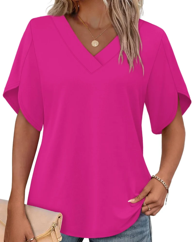 Ayla Top Femme – Blouse Col V avec Manches Pétales Élégantes, Coupe Fluide Été