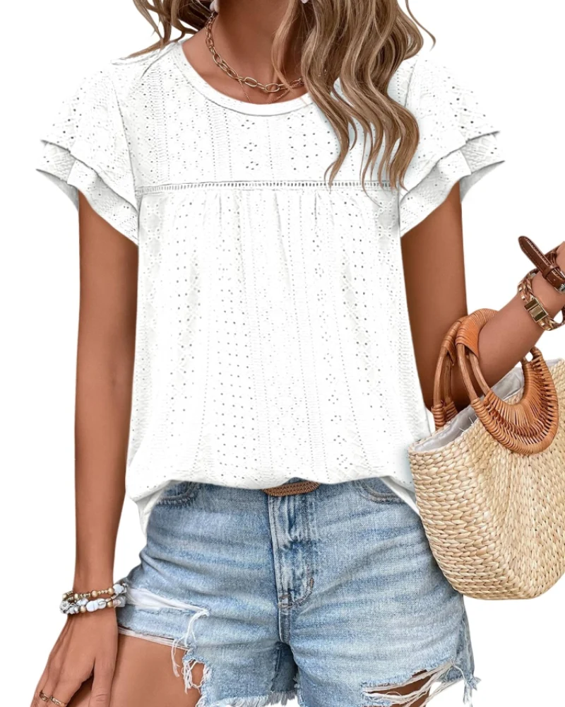 Isara Top Femme – Blouse Eyelet à Volants, Coupe Babydoll Fluide & Style Été Chic