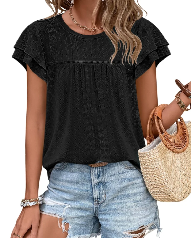 Isara Top Femme – Blouse Eyelet à Volants, Coupe Babydoll Fluide & Style Été Chic