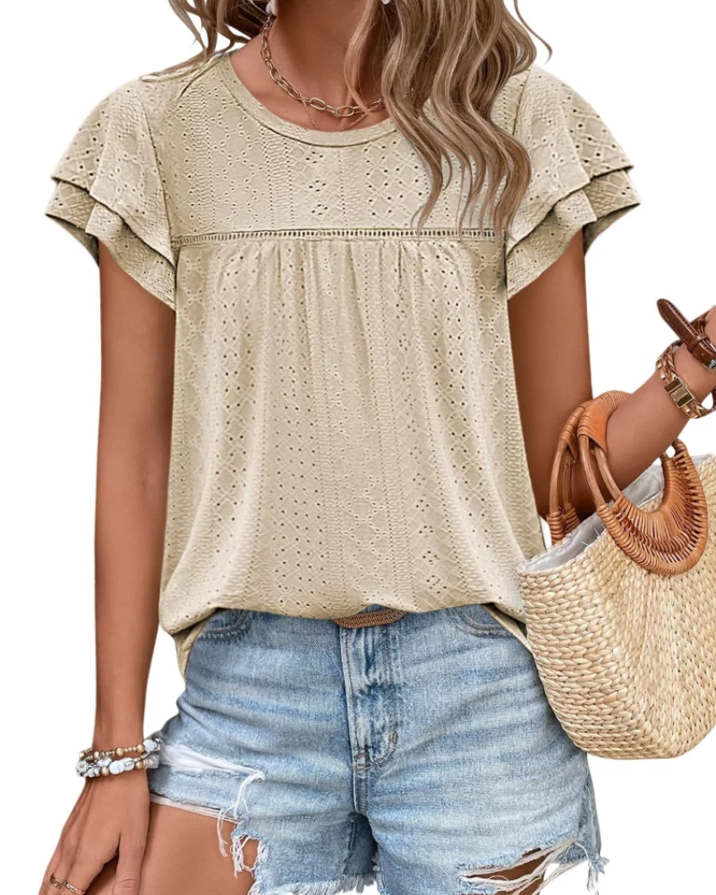 Isara Top Femme – Blouse Eyelet à Volants, Coupe Babydoll Fluide & Style Été Chic