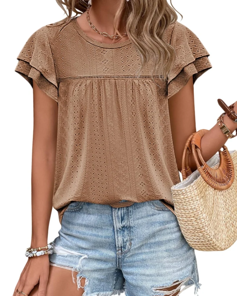 Isara Top Femme – Blouse Eyelet à Volants, Coupe Babydoll Fluide & Style Été Chic