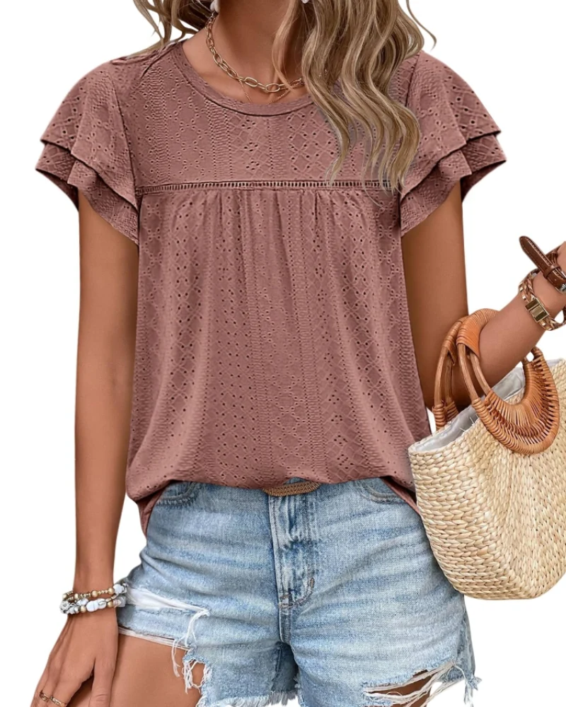 Isara Top Femme – Blouse Eyelet à Volants, Coupe Babydoll Fluide & Style Été Chic