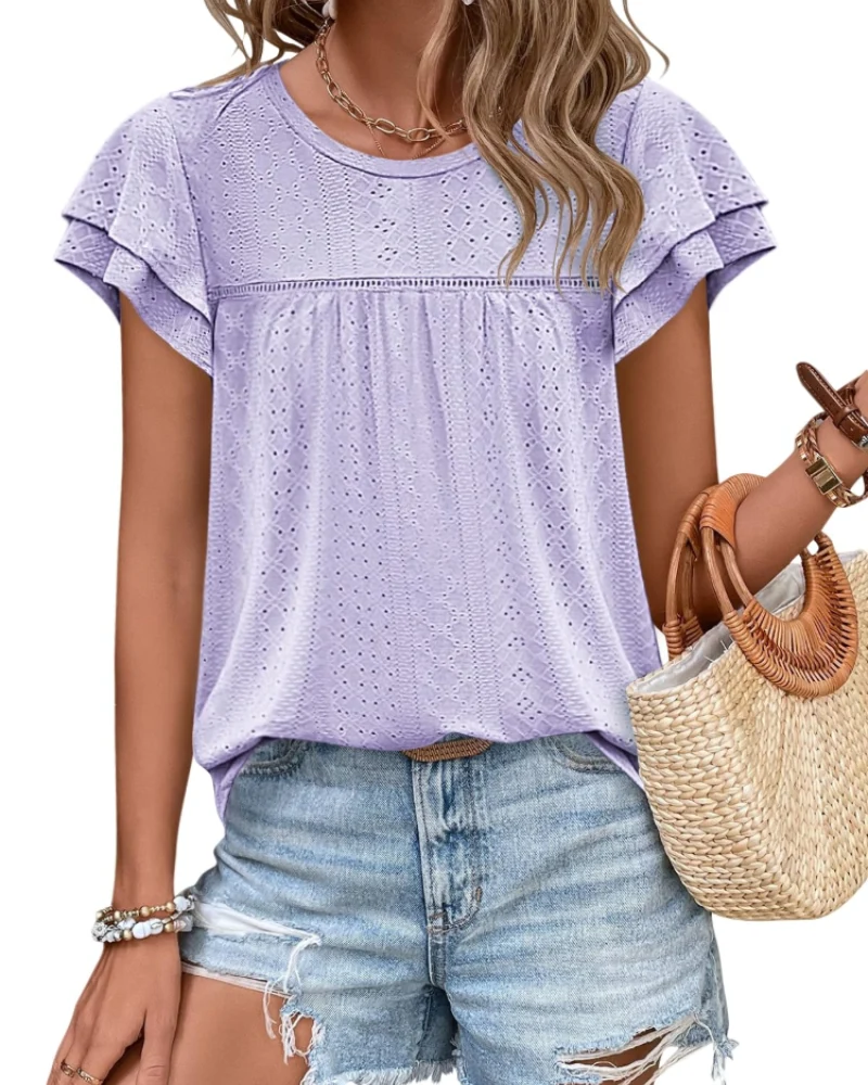 Isara Top Femme – Blouse Eyelet à Volants, Coupe Babydoll Fluide & Style Été Chic