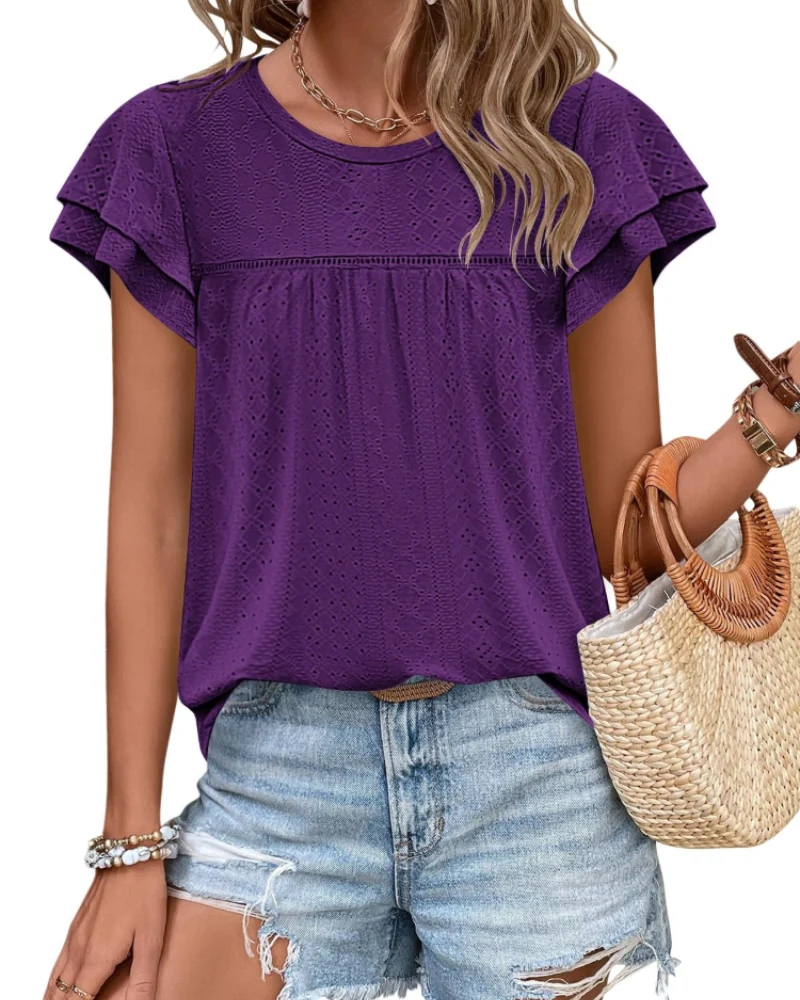 Isara Top Femme – Blouse Eyelet à Volants, Coupe Babydoll Fluide & Style Été Chic