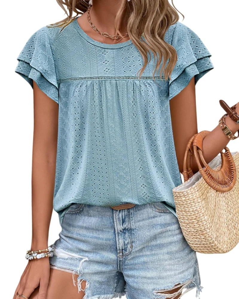 Isara Top Femme – Blouse Eyelet à Volants, Coupe Babydoll Fluide & Style Été Chic