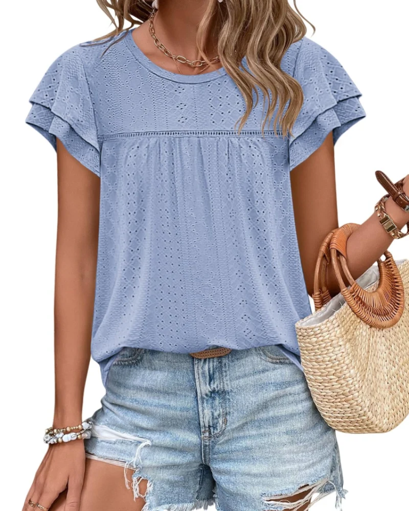 Isara Top Femme – Blouse Eyelet à Volants, Coupe Babydoll Fluide & Style Été Chic