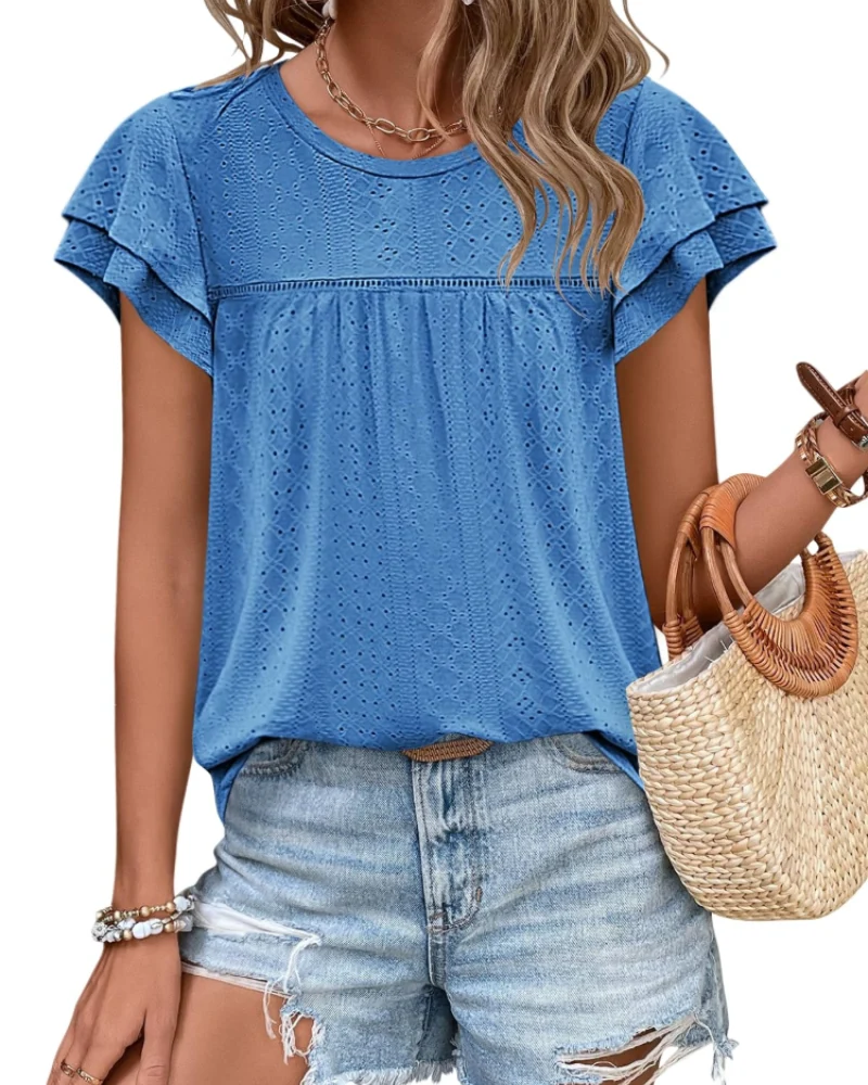 Isara Top Femme – Blouse Eyelet à Volants, Coupe Babydoll Fluide & Style Été Chic
