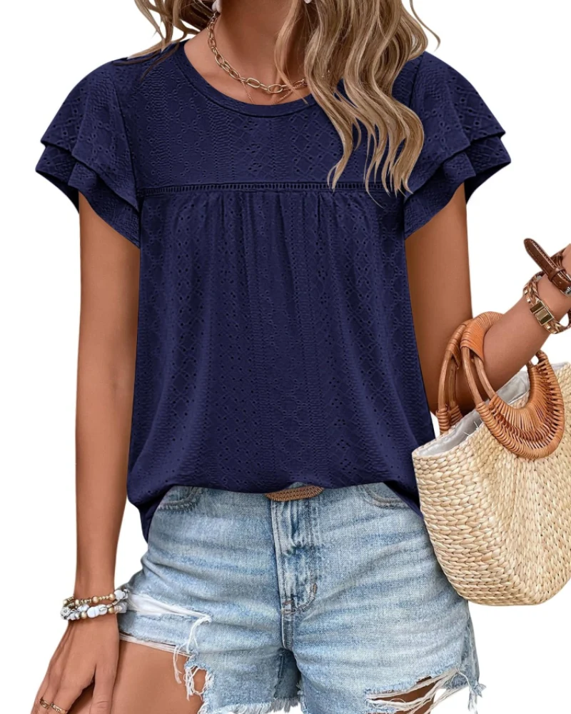 Isara Top Femme – Blouse Eyelet à Volants, Coupe Babydoll Fluide & Style Été Chic