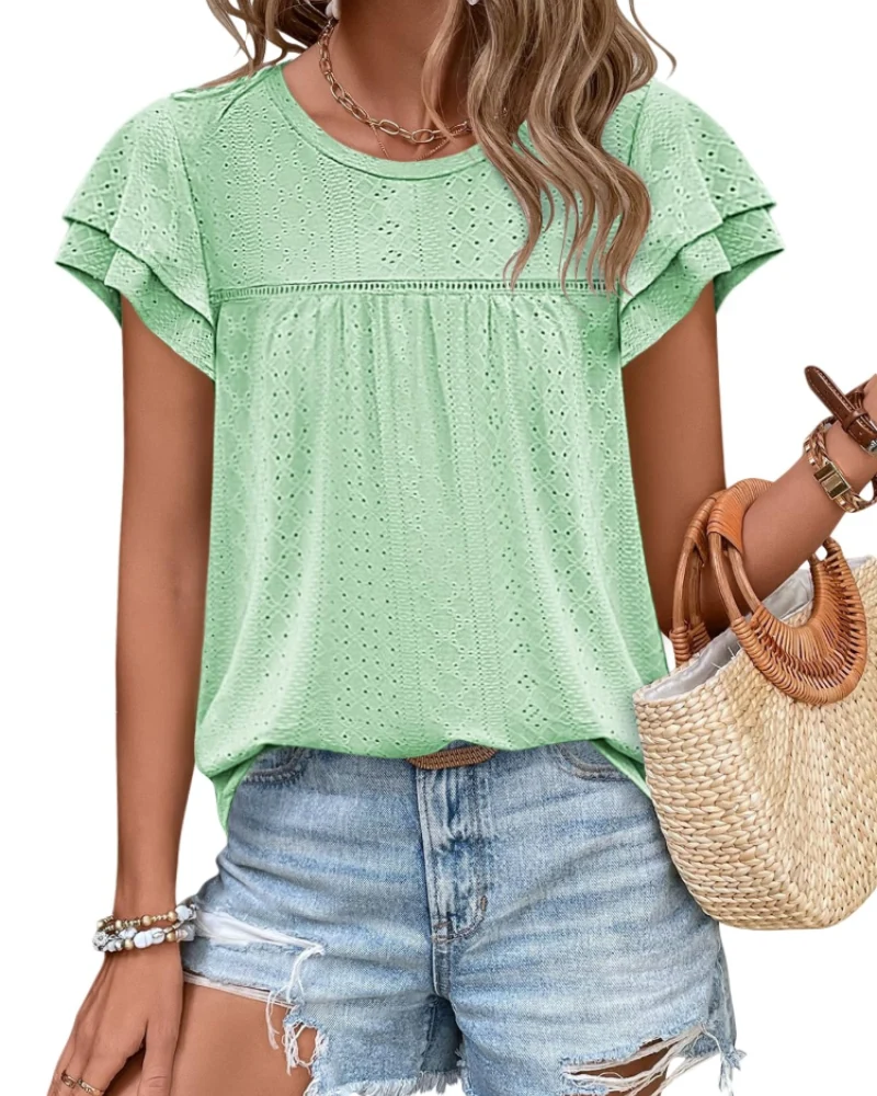 Isara Top Femme – Blouse Eyelet à Volants, Coupe Babydoll Fluide & Style Été Chic