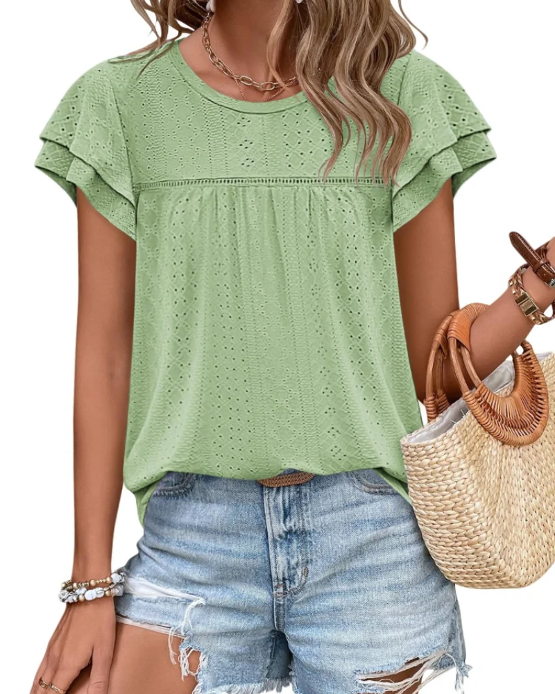 Isara Top Femme – Blouse Eyelet à Volants, Coupe Babydoll Fluide & Style Été Chic