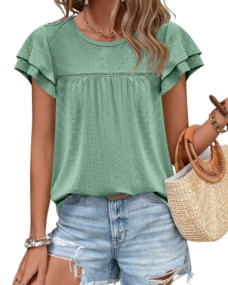 Isara Top Femme – Blouse Eyelet à Volants, Coupe Babydoll Fluide & Style Été Chic