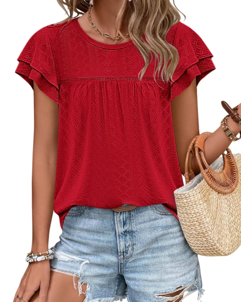 Isara Top Femme – Blouse Eyelet à Volants, Coupe Babydoll Fluide & Style Été Chic