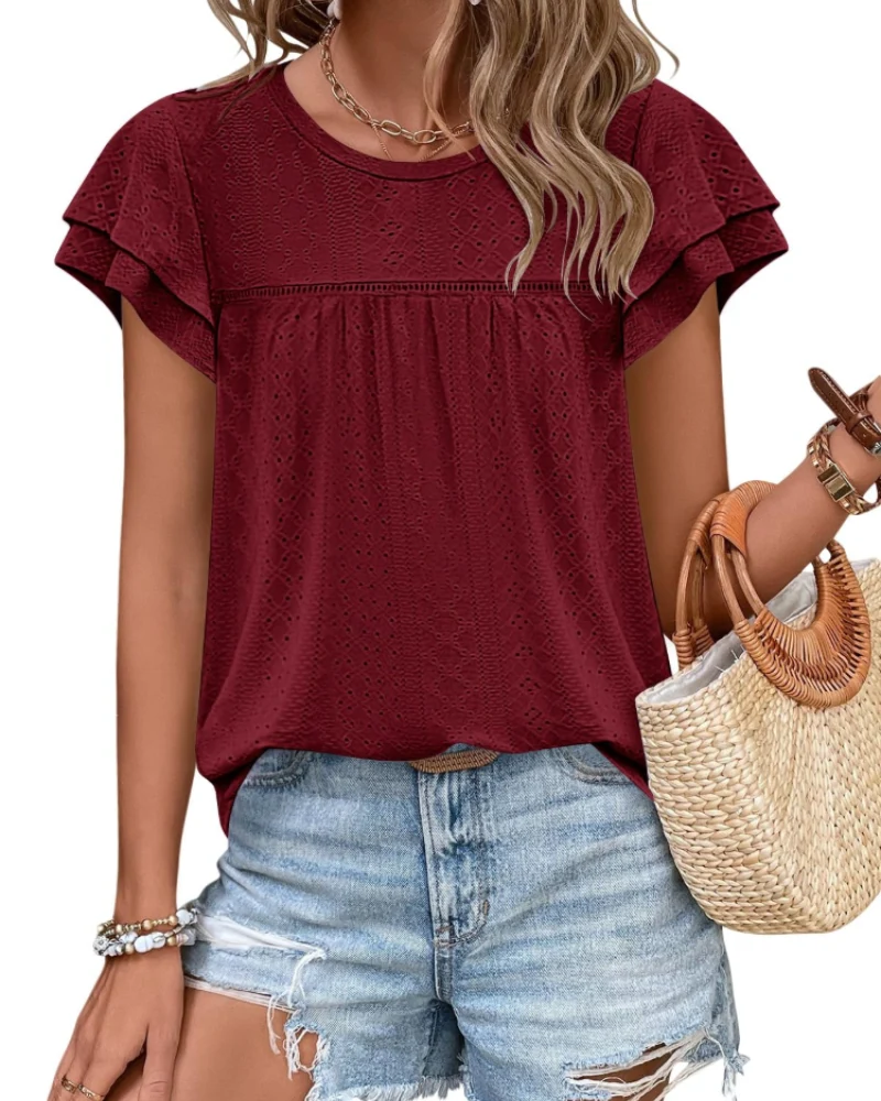 Isara Top Femme – Blouse Eyelet à Volants, Coupe Babydoll Fluide & Style Été Chic