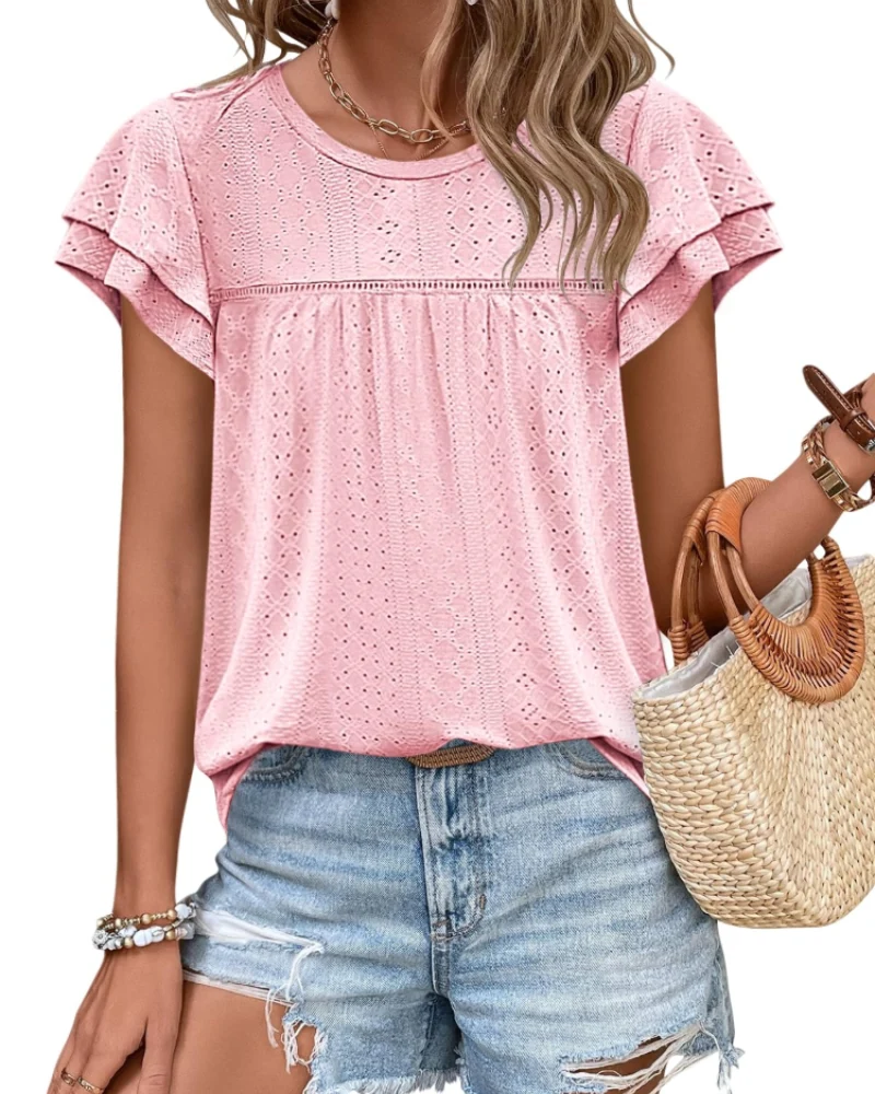 Isara Top Femme – Blouse Eyelet à Volants, Coupe Babydoll Fluide & Style Été Chic