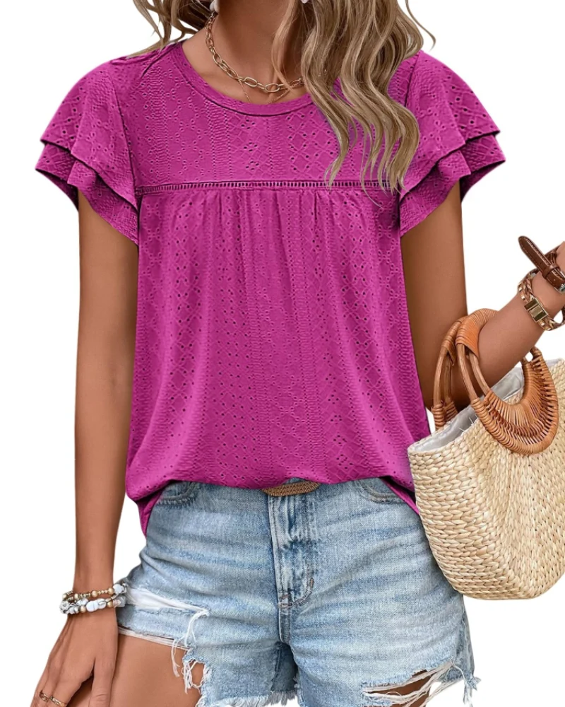 Isara Top Femme – Blouse Eyelet à Volants, Coupe Babydoll Fluide & Style Été Chic