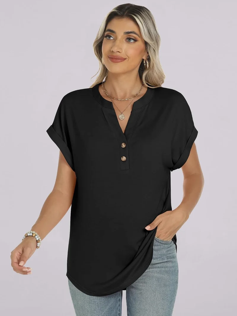 Manon Top Femme – Blouse Henley Col V Boutonné, Coupe Fluide Casual Chic Été