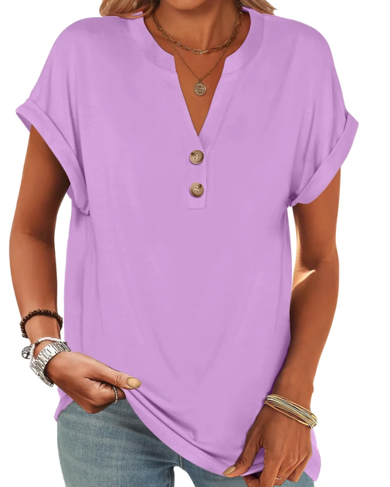 Manon Top Femme – Blouse Henley Col V Boutonné, Coupe Fluide Casual Chic Été