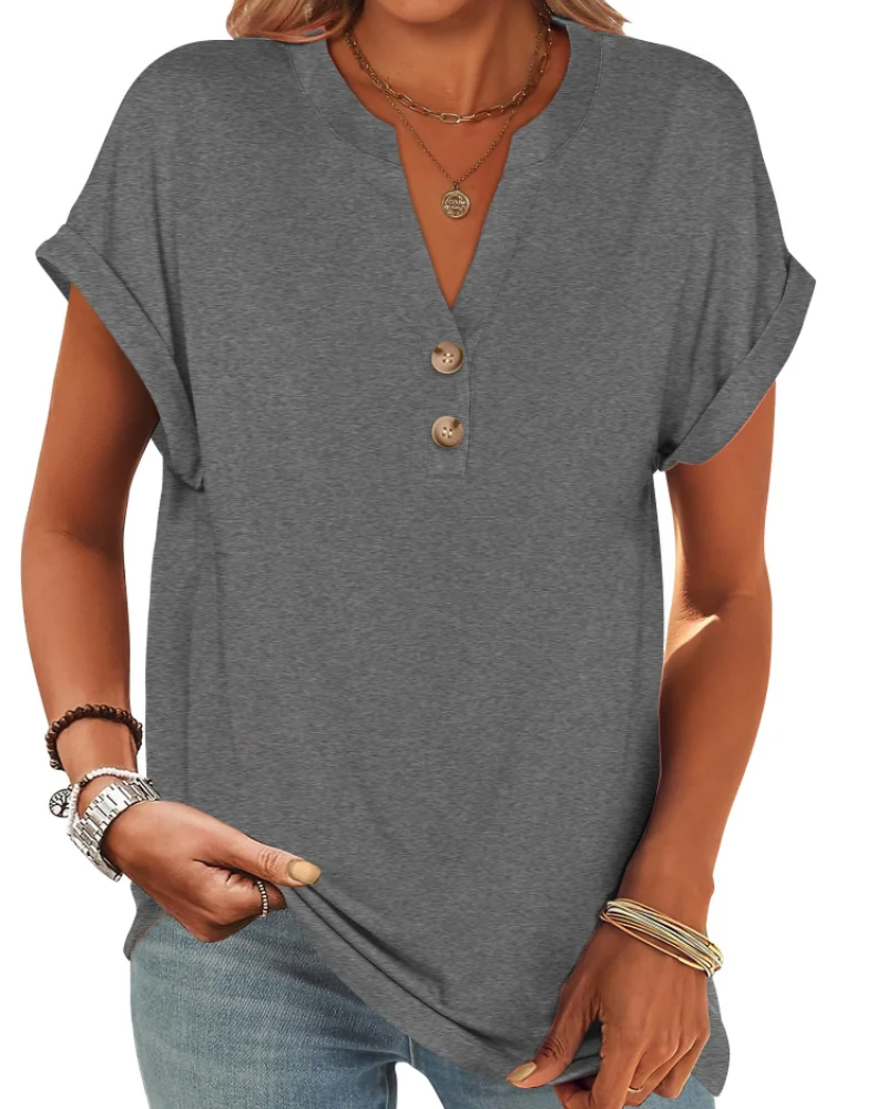 Manon Top Femme – Blouse Henley Col V Boutonné, Coupe Fluide Casual Chic Été