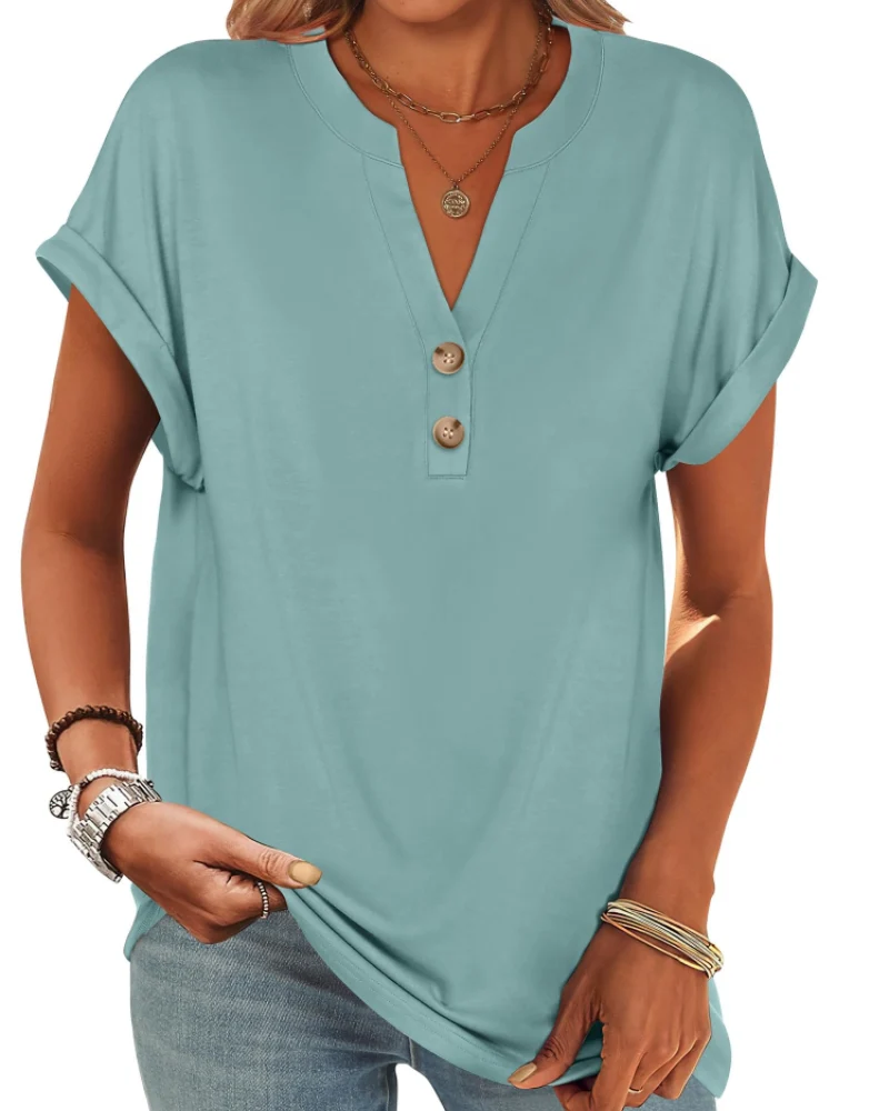 Manon Top Femme – Blouse Henley Col V Boutonné, Coupe Fluide Casual Chic Été
