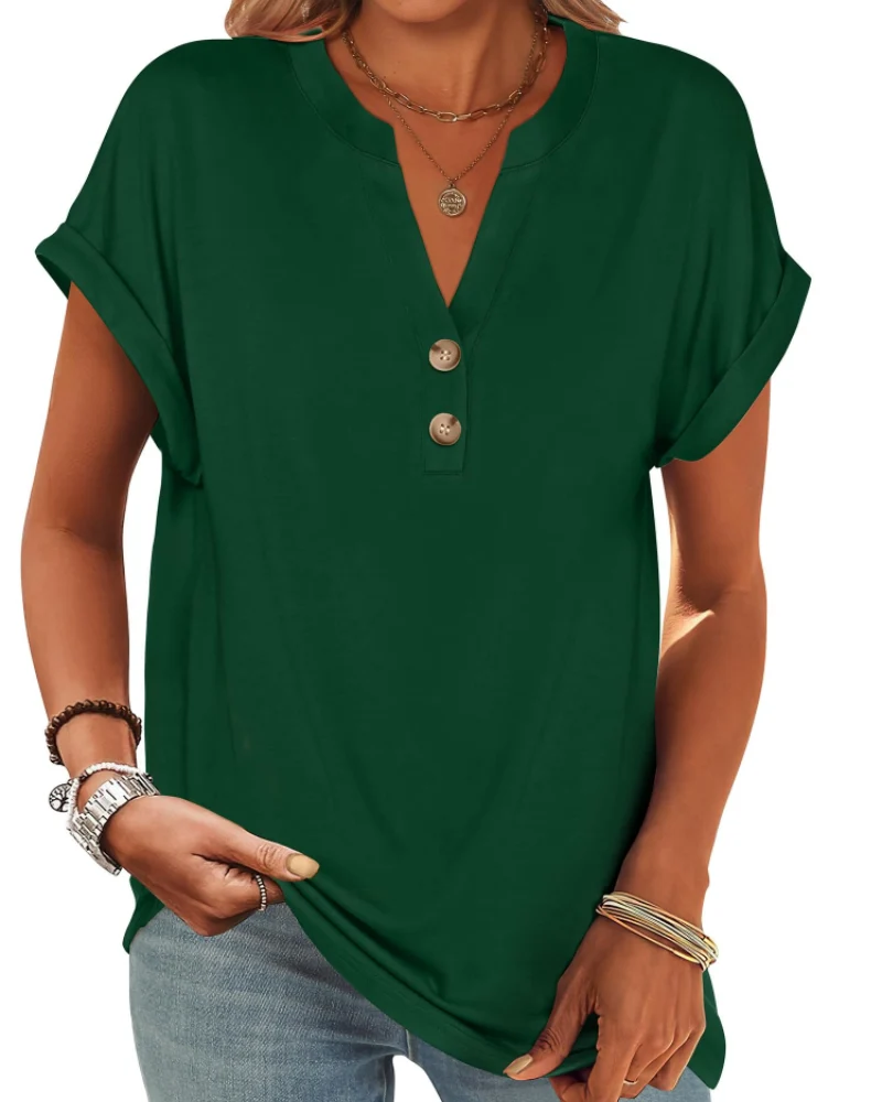 Manon Top Femme – Blouse Henley Col V Boutonné, Coupe Fluide Casual Chic Été