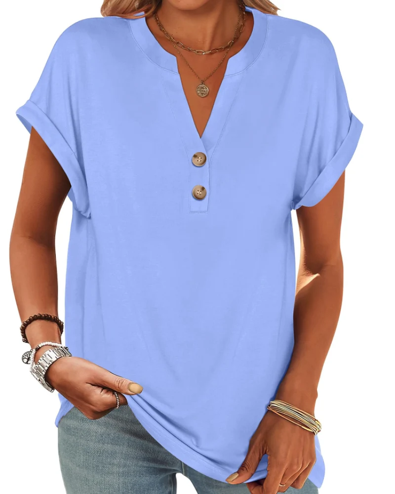 Manon Top Femme – Blouse Henley Col V Boutonné, Coupe Fluide Casual Chic Été