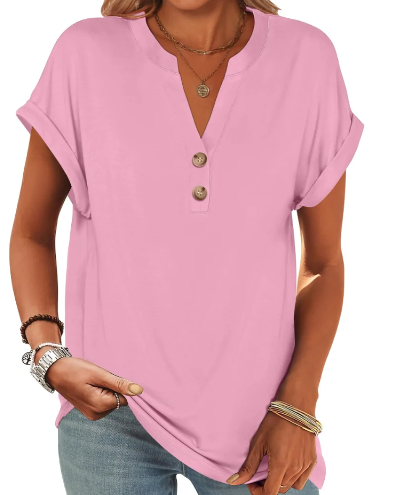 Manon Top Femme – Blouse Henley Col V Boutonné, Coupe Fluide Casual Chic Été