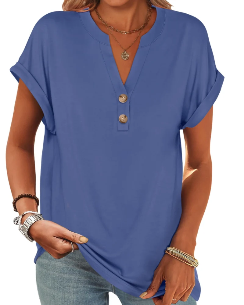 Manon Top Femme – Blouse Henley Col V Boutonné, Coupe Fluide Casual Chic Été