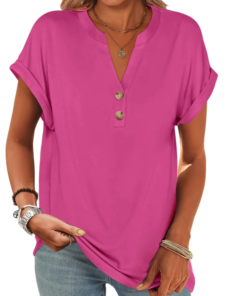 Manon Top Femme – Blouse Henley Col V Boutonné, Coupe Fluide Casual Chic Été